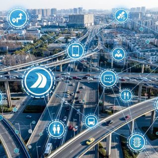 Interconnected smart city technologies with roads and interchanges